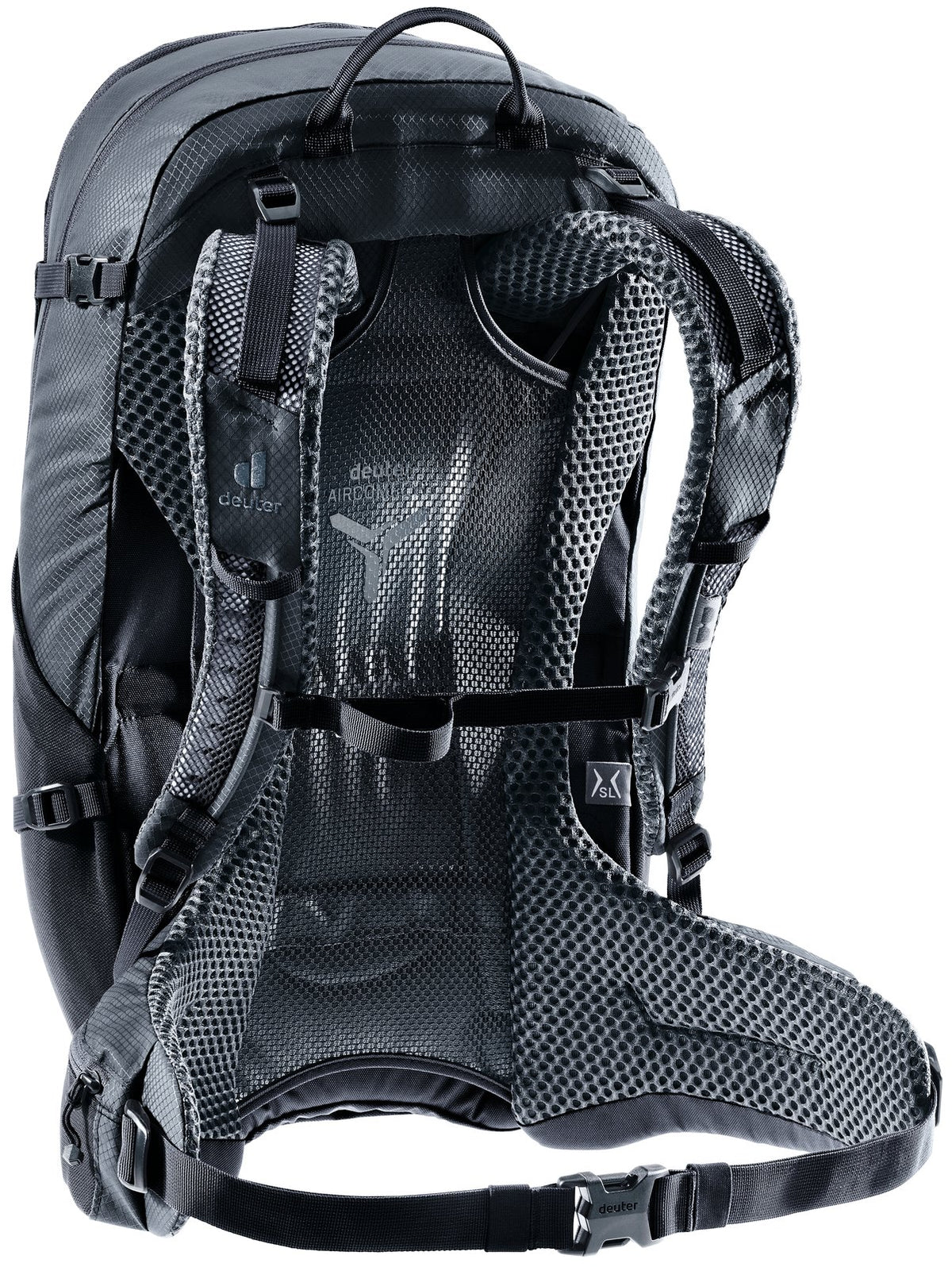 Deuter Futura 25 SL rear three-quarter view of the ActiveFit straps and sternum strap