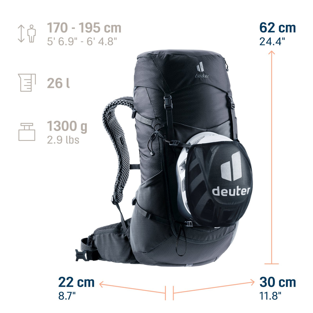 Deuter Futura 26 size guide: 62 x 30 x 22 cm, 26 litres, 1300 g, body heights 170-195 cm