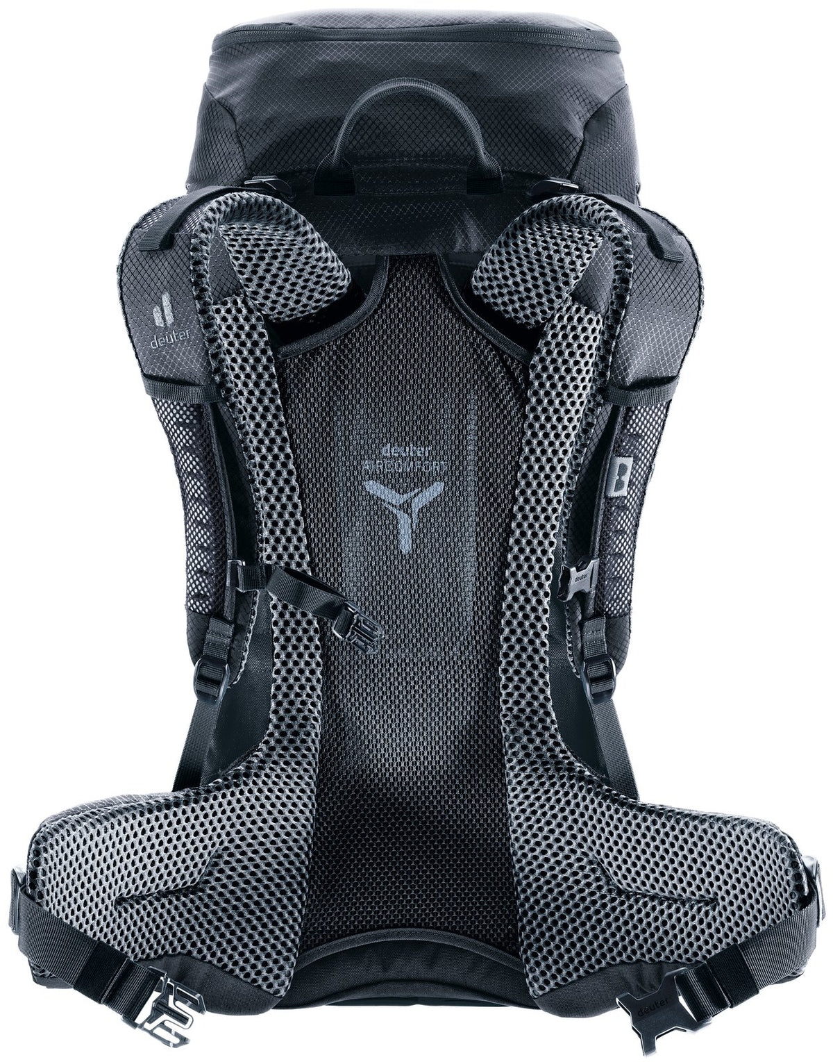Back of the Deuter Futura 26 showing the Aircomfort mesh panel and padded hip fins