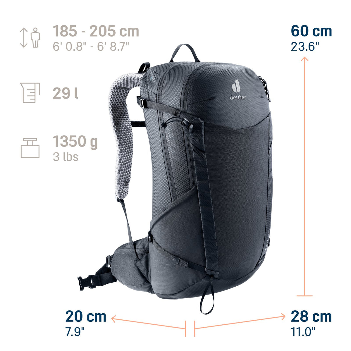 Deuter Futura 29 EL size guide: 60 x 28 x 20 cm, 29 litres, 1350 g, for heights 185-205 cm