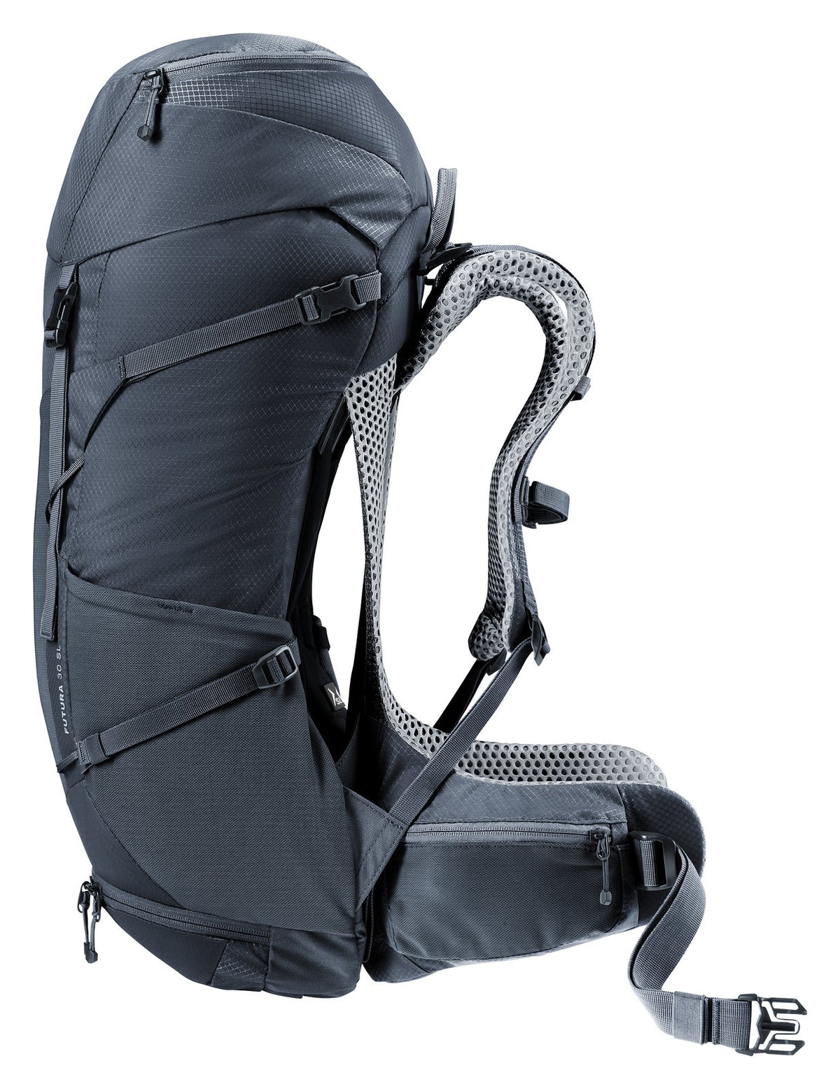 Deuter Futura 30 SL side view of the compression straps and padded hip fin