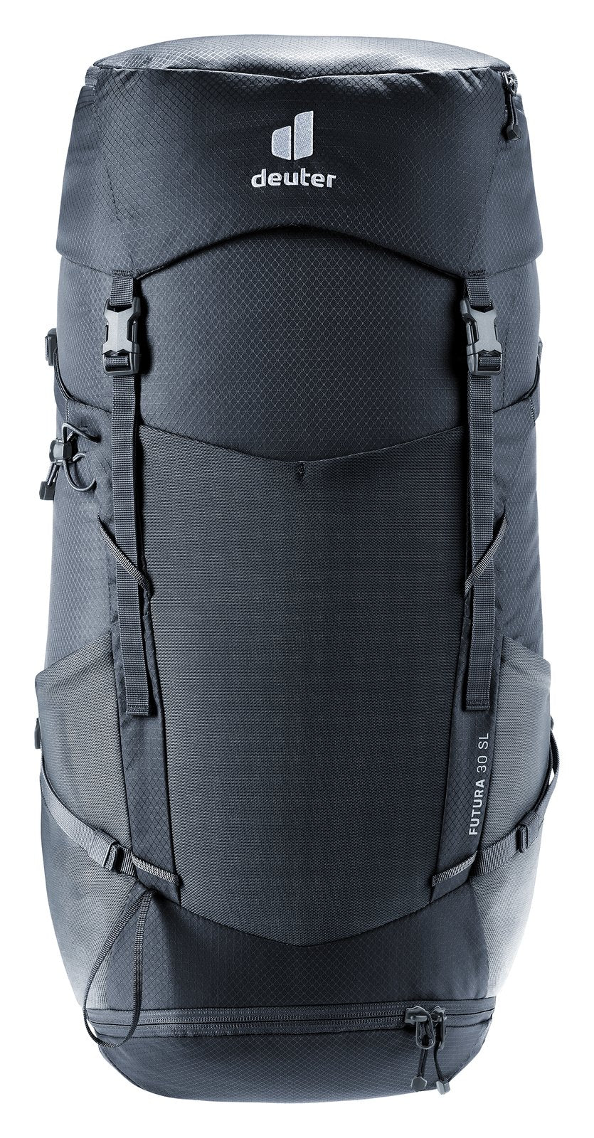 Deuter Futura 30 SL in Black, straight-on front view of the mesh front pocket