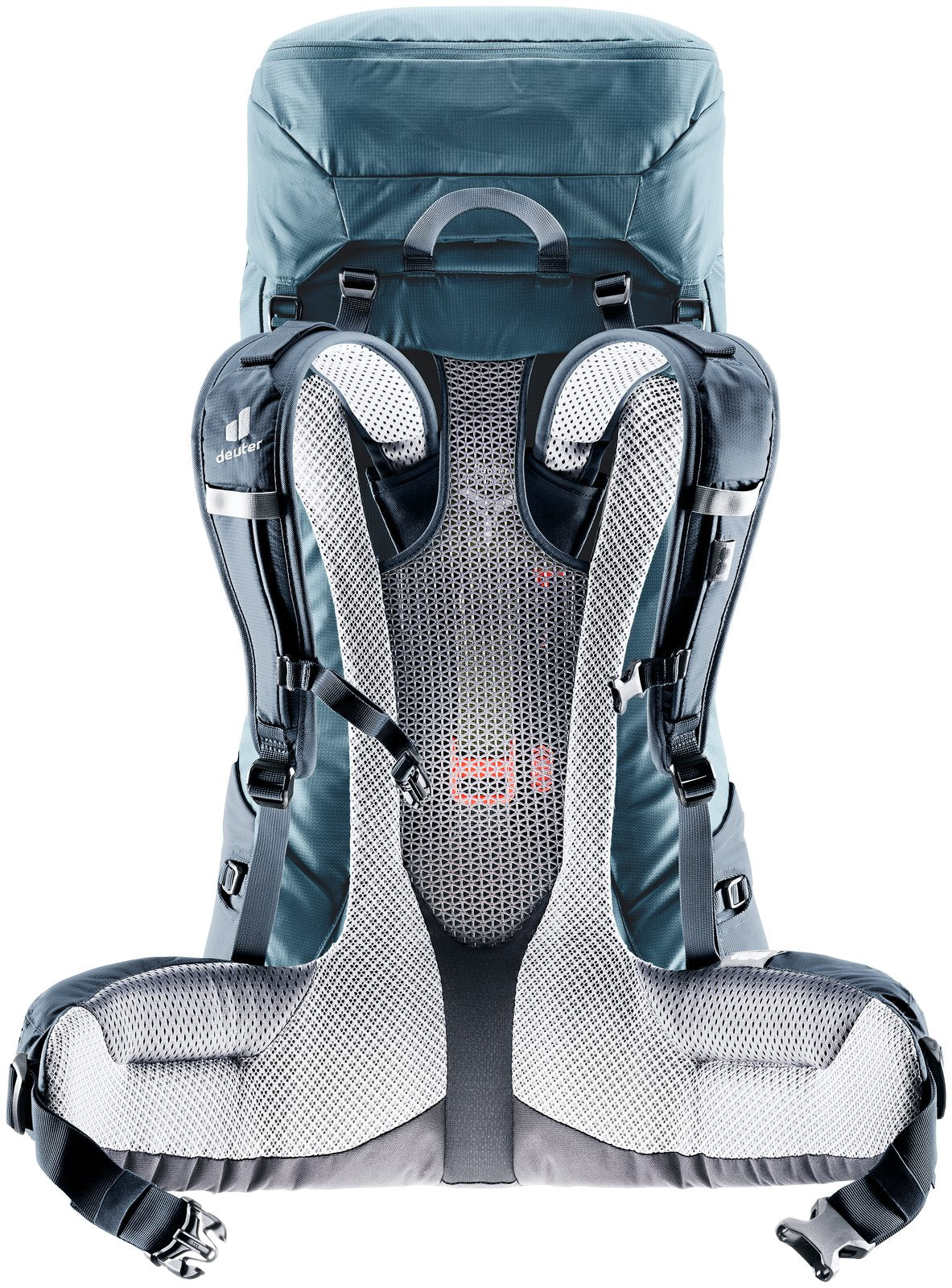 Back of the Deuter Futura Air Trek 50+10 showing the Aircomfort mesh and VariFlex hip fins
