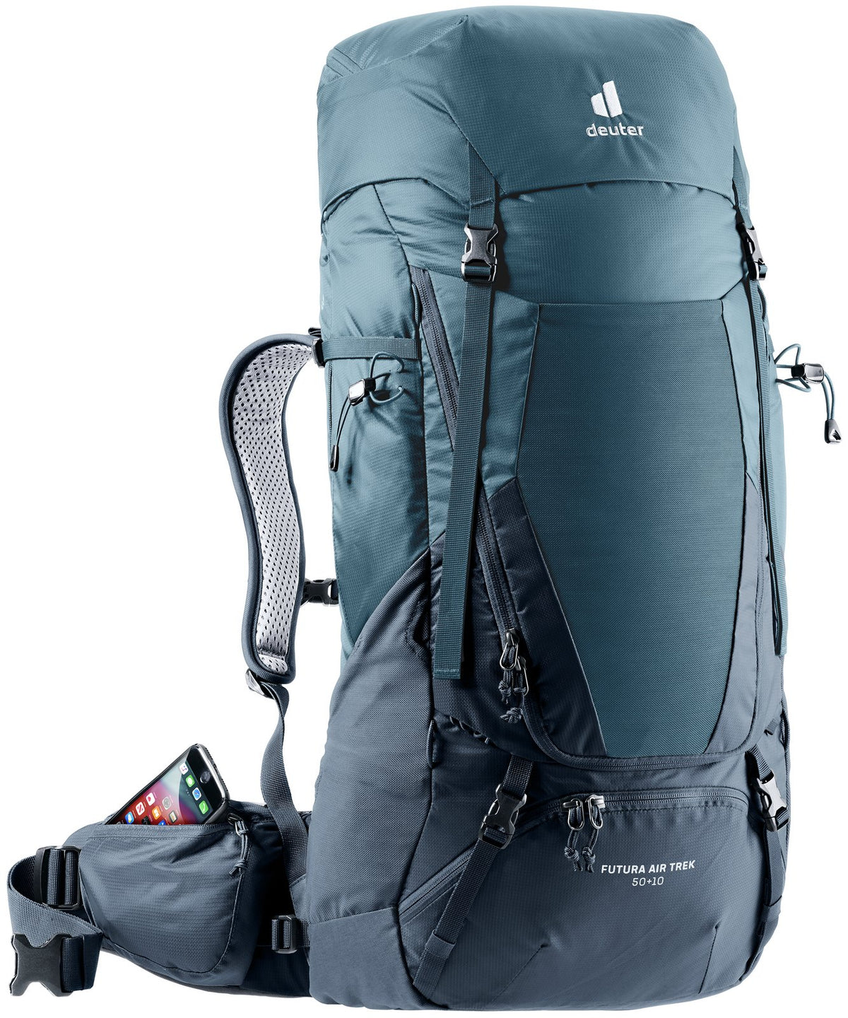 Deuter Futura Air Trek 50+10 with a phone in the zipped hip fin pocket