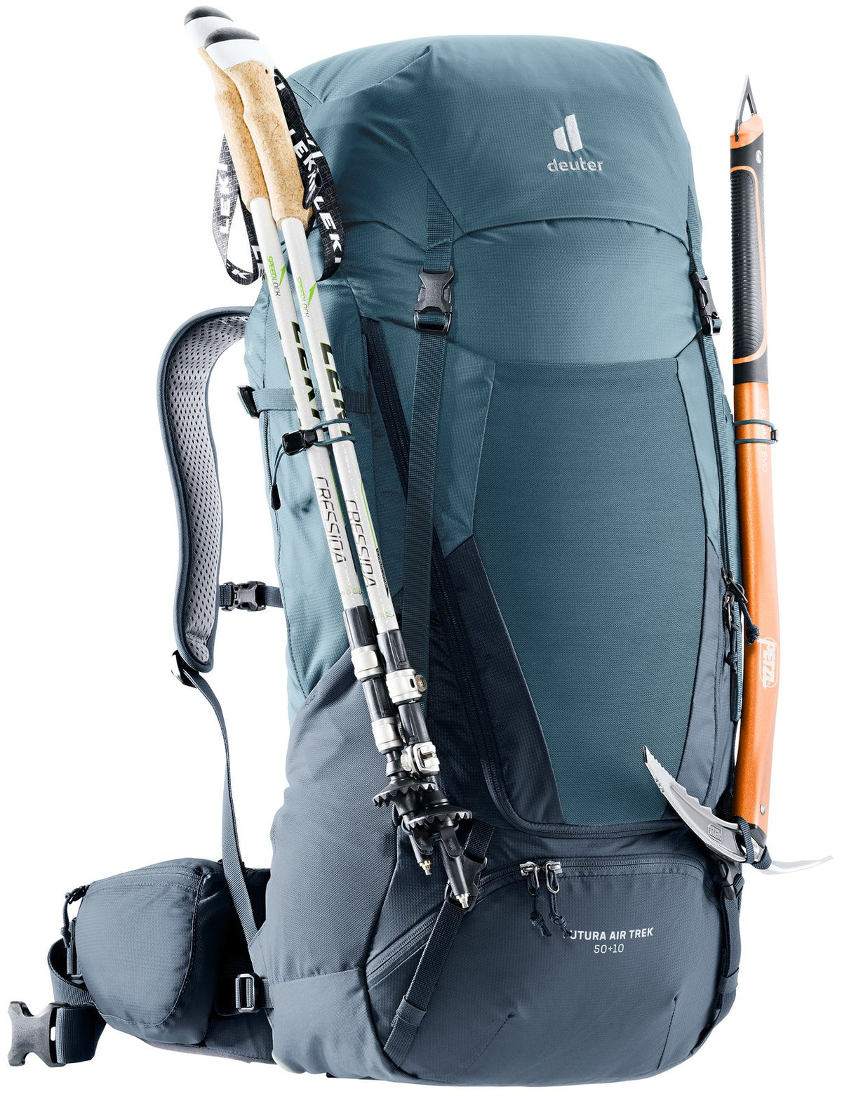 Deuter Futura Air Trek 50+10 carrying trekking poles and an ice axe, both sold separately