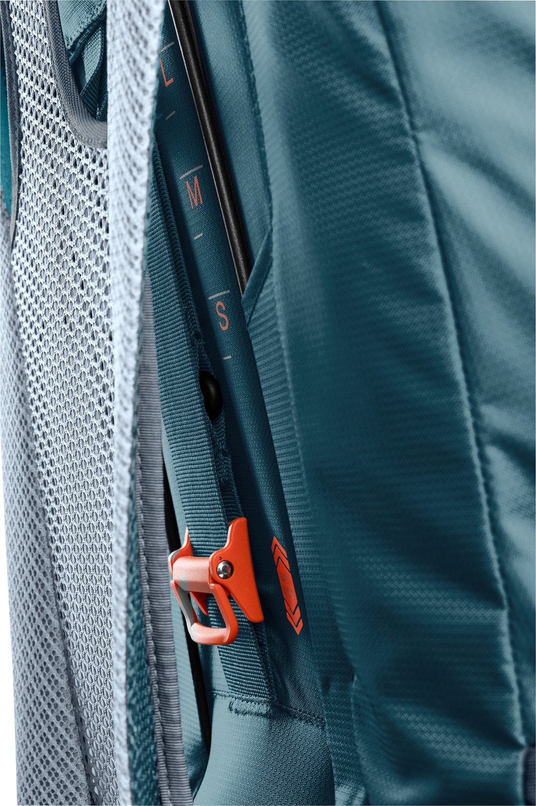 Close-up of the VariSlide back length scale and adjuster on the Deuter Futura Air Trek 60+10