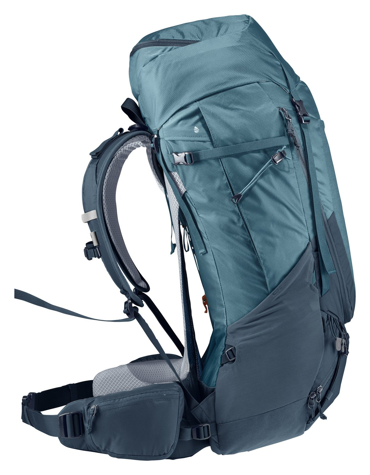 Side profile of the Deuter Futura Air Trek 60+10 showing the arched frame and air gap
