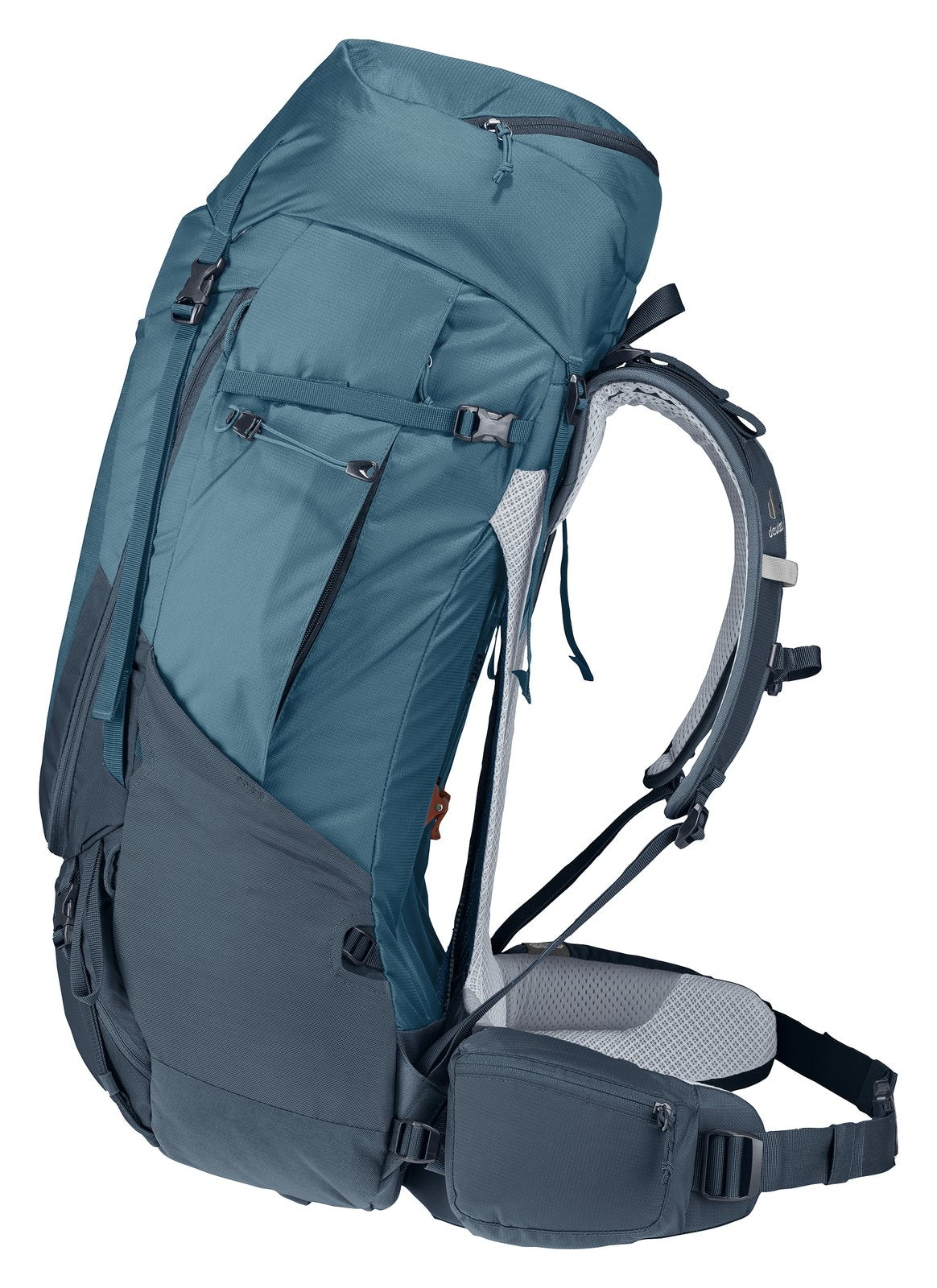 Deuter Futura Air Trek 60+10 side view of the stretch side pocket and hip fin