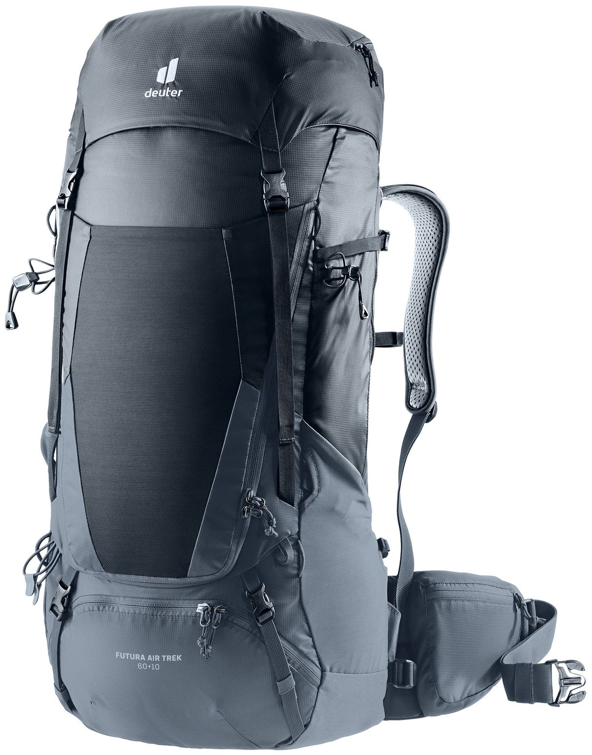Deuter Futura Air Trek 60+10 in Black Graphite, front three-quarter view