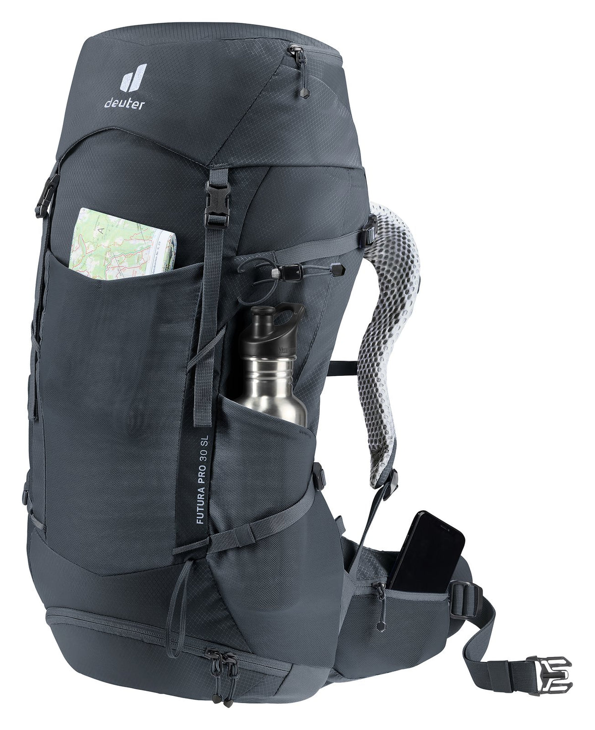 Deuter Futura Pro 30 SL with a map in the front pocket and a bottle in the side pocket