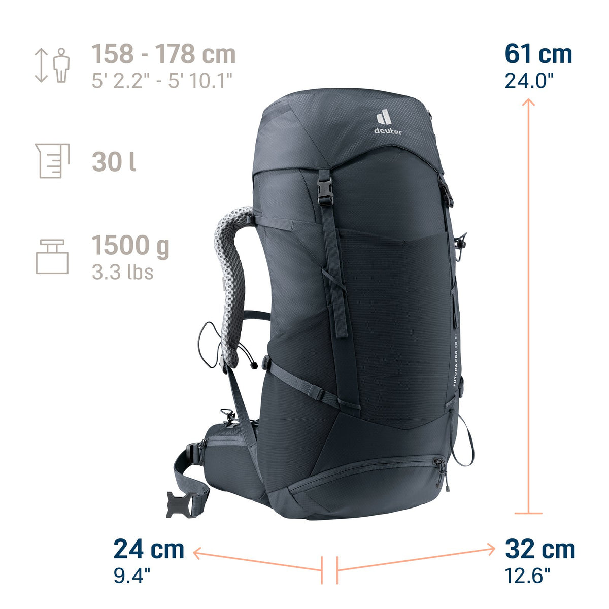 Deuter Futura Pro 30 SL size guide: 61 x 32 x 24 cm, 30 litres, 1500 g, body heights 158-178 cm