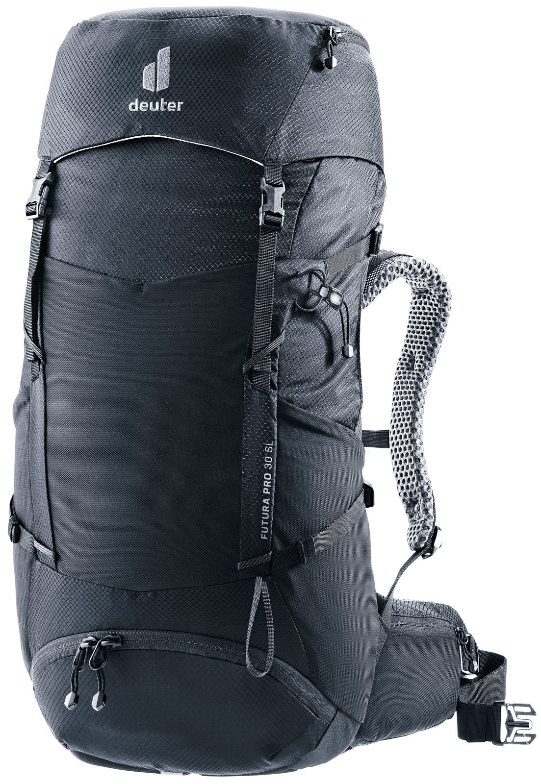 Deuter Futura Pro 30 SL women's hiking backpack in Black, front three-quarter view