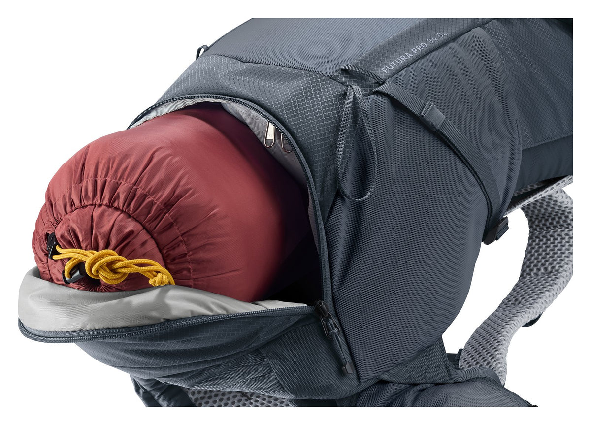 Deuter Futura Pro 34 SL bottom compartment unzipped with a sleeping bag inside
