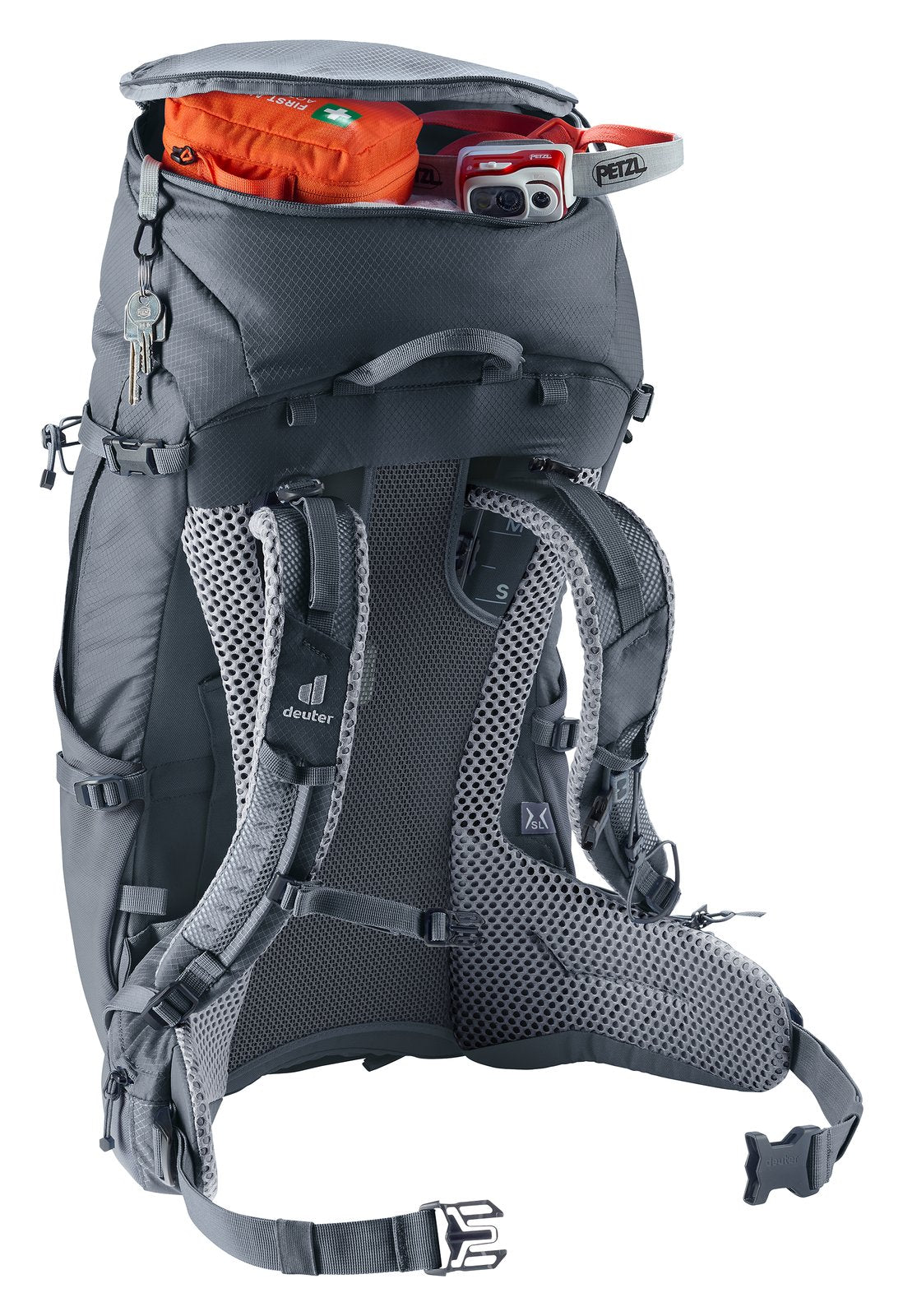Deuter Futura Pro 34 SL lid open showing gear packed in the main compartment