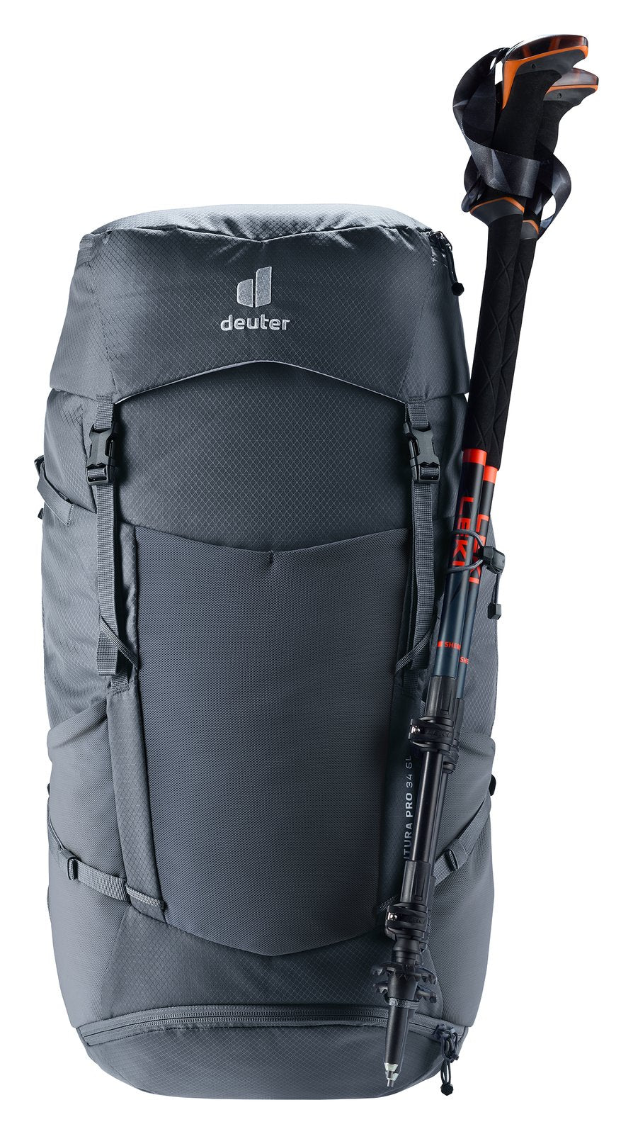 Deuter Futura Pro 34 SL with trekking poles stowed on the side attachment