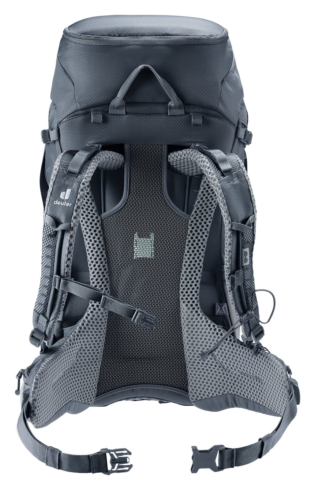 Back of the Deuter Futura Pro 34 SL showing the full-length Aircomfort mesh and hip fins