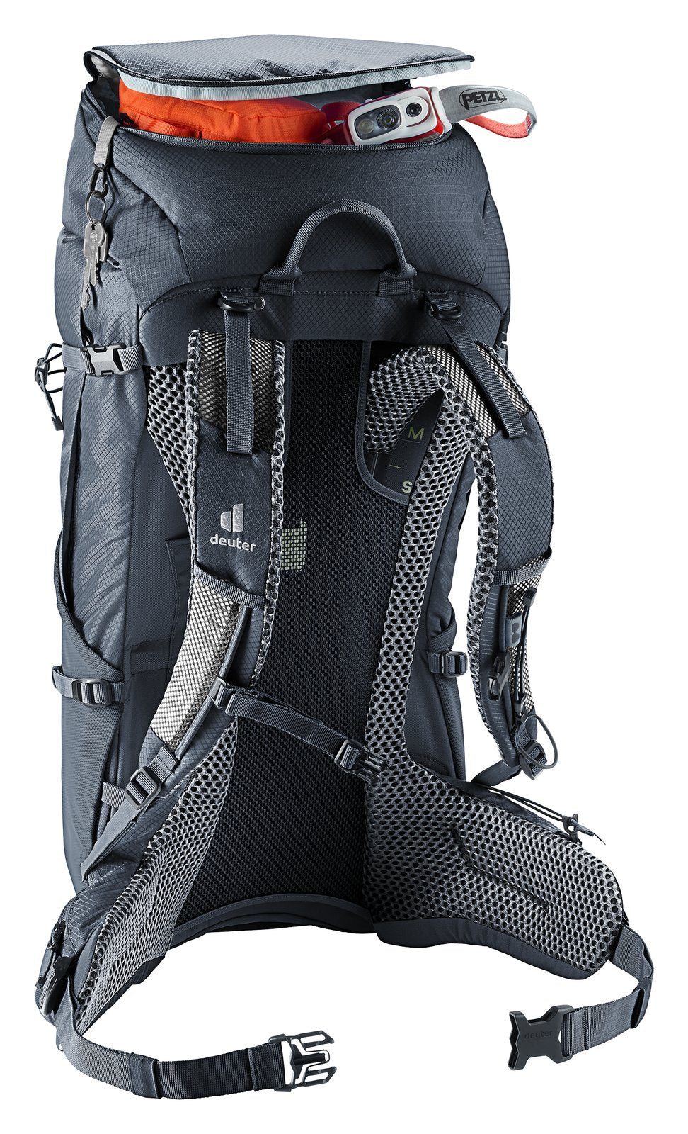 Deuter Futura Pro 36 lid pockets open with a head torch and keys on the key clip