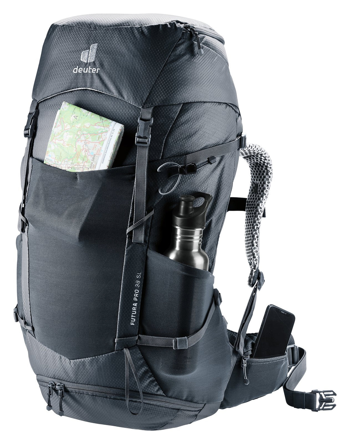 Deuter Futura Pro 38 SL with a map in the front pocket and a bottle in the side pocket