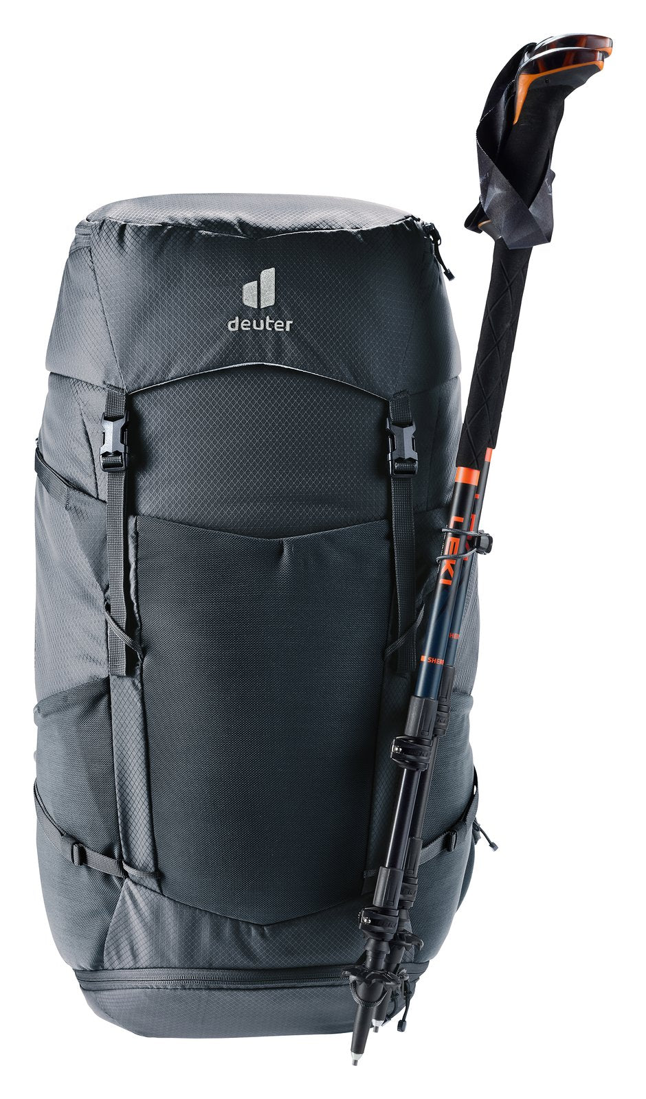 Deuter Futura Pro 38 SL with a trekking pole fixed to the pole attachment on the side of the pack