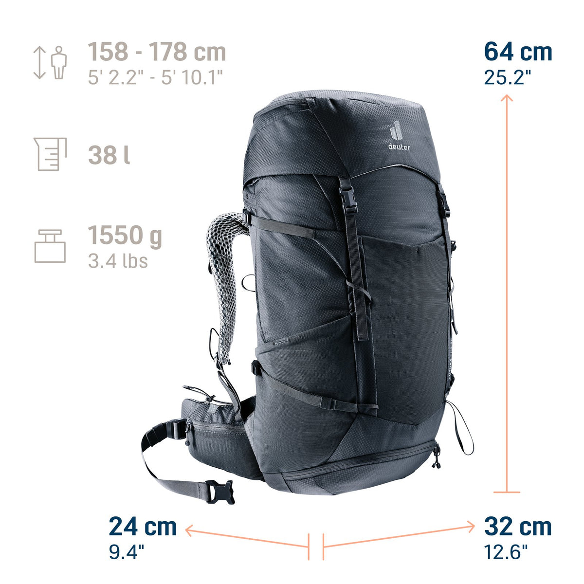 Deuter Futura Pro 38 SL size guide: 38 litres, 1550 g, for body heights 158-178 cm
