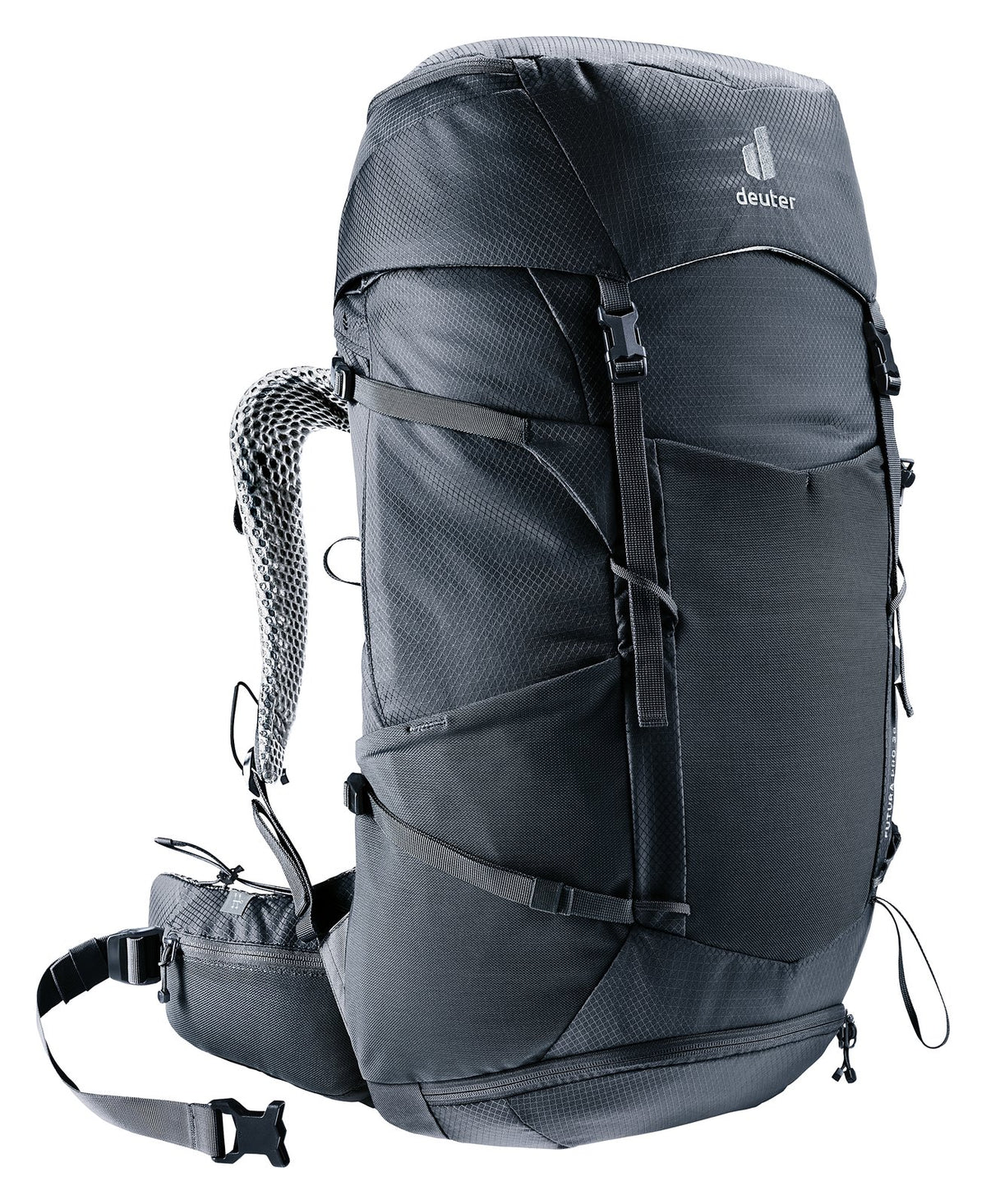 Deuter Futura Pro 38 SL front three-quarter view of the side pocket and shoulder strap