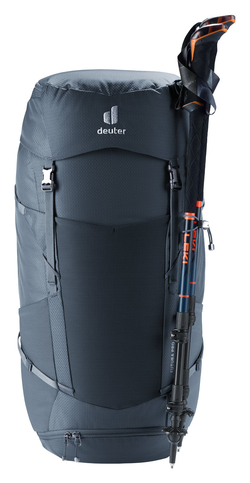 Deuter Futura Pro 40 with trekking poles (not included) on the side attachment