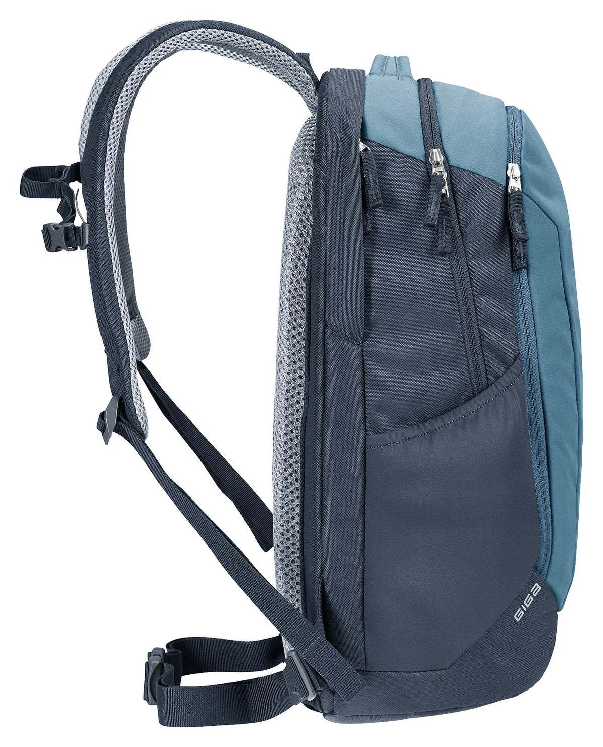 Side profile of the Deuter Giga in Atlantic Ink with stretch side pocket