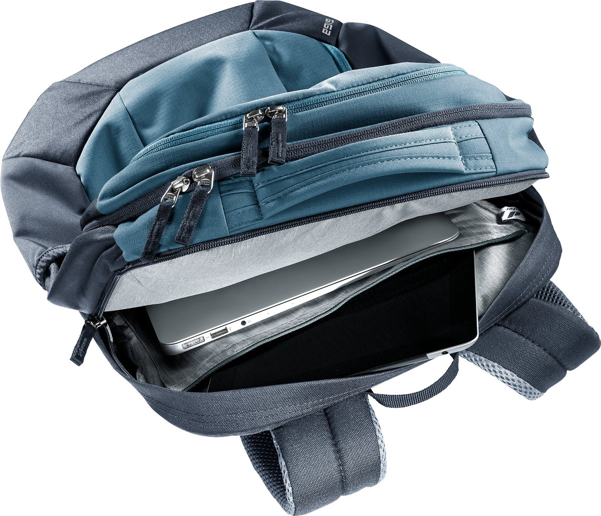 Deuter Giga opened from above with a laptop in the padded laptop compartment