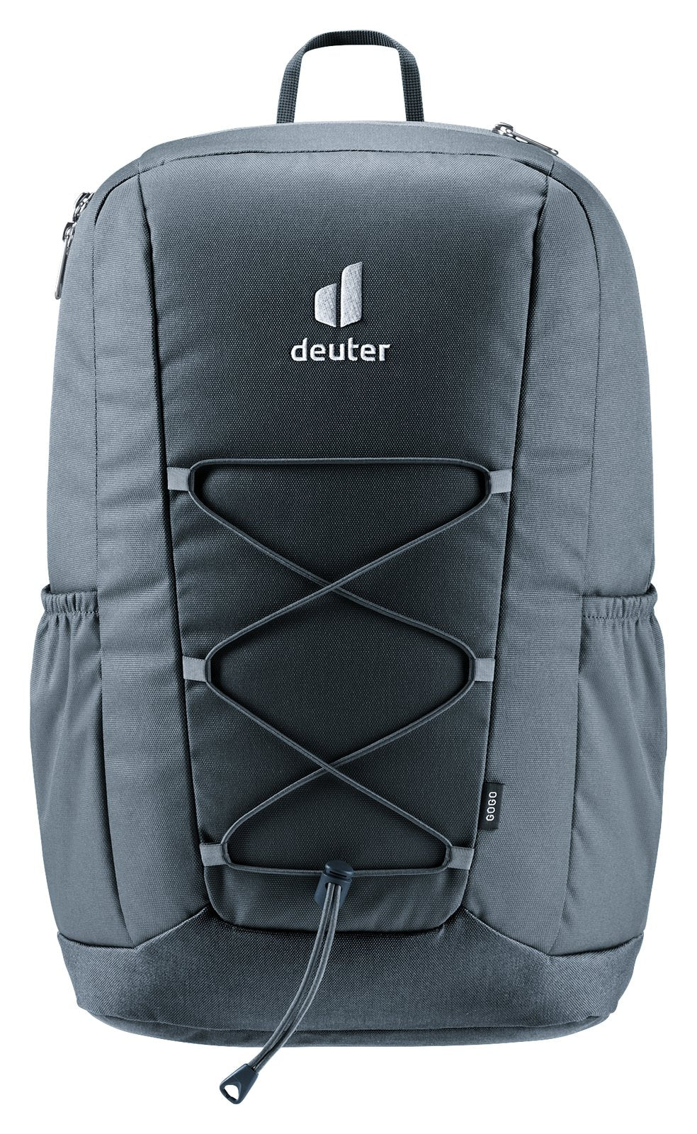 Deuter Gogo in Black, straight-on front view with bungee cord