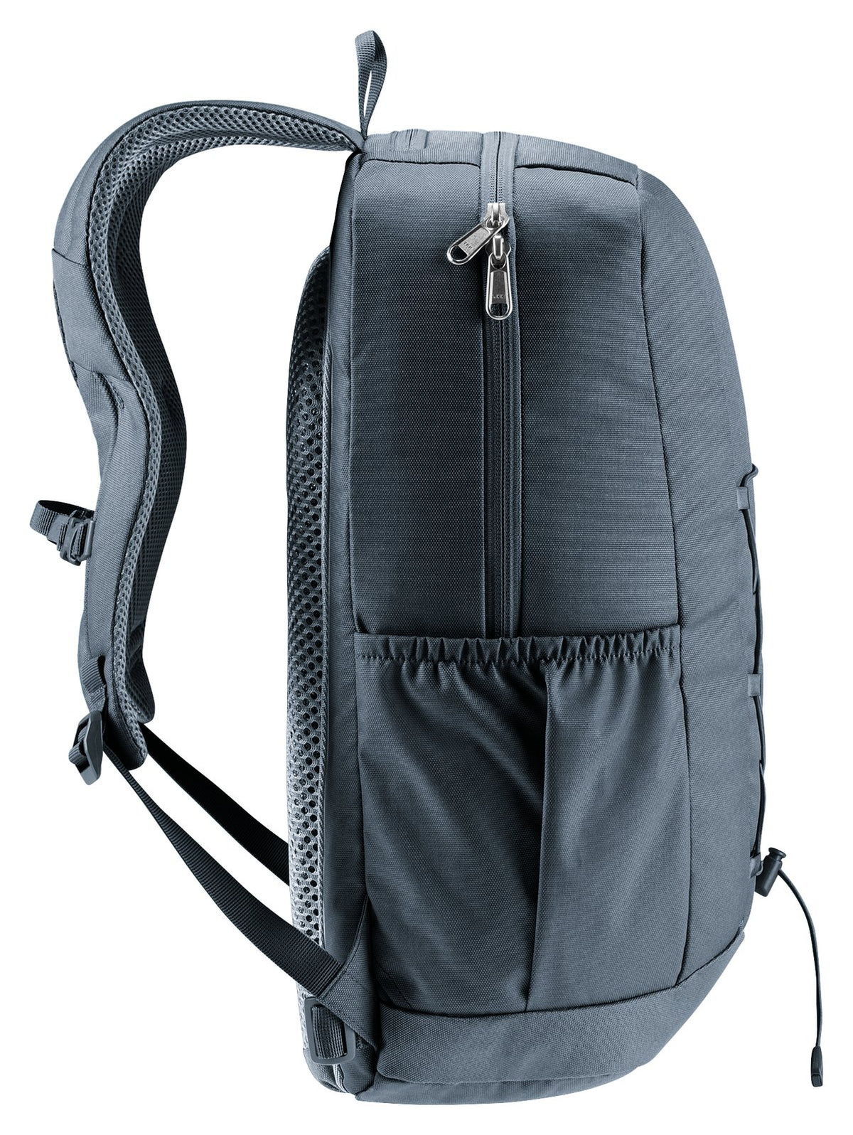 Deuter Gogo in Black, side view with stretch side pocket and zip-around opening