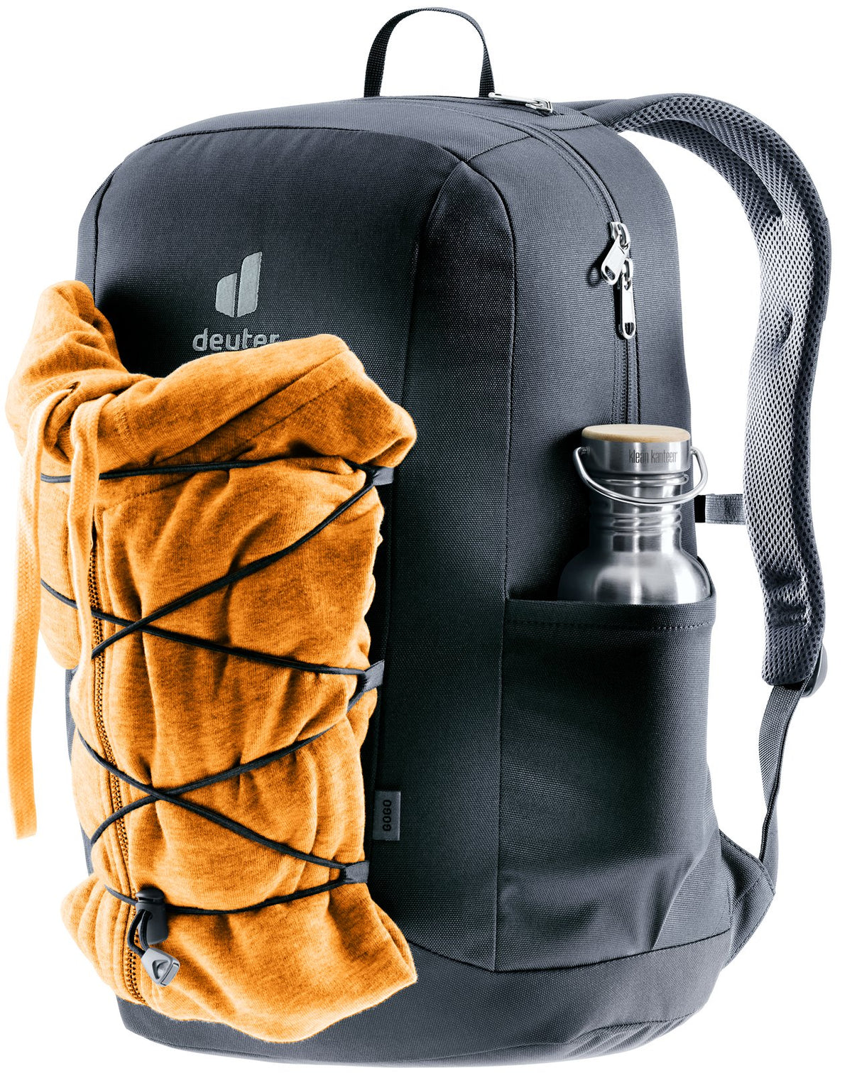 Deuter Gogo with a jacket held under the front bungee and a bottle in the side pocket