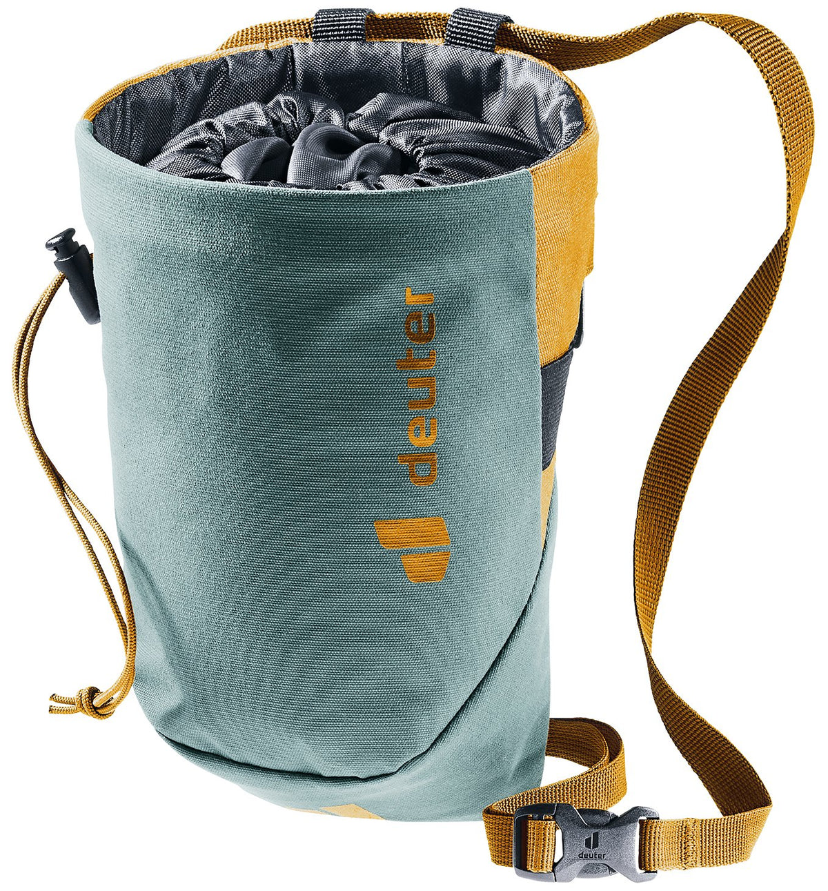 Deuter Gravity Chalk Bag II L in Teal Cinnamon, teal chalk bag with mustard waist strap