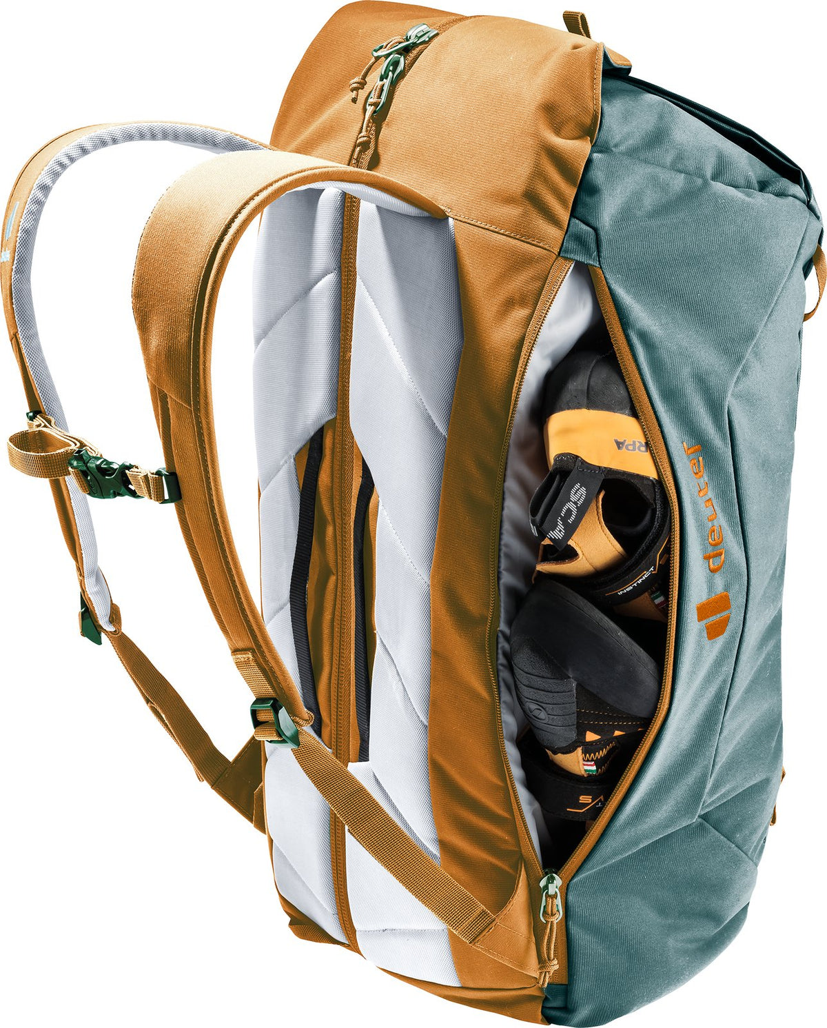 Deuter Gravity Motion with the back panel unzipped, showing climbing shoes inside