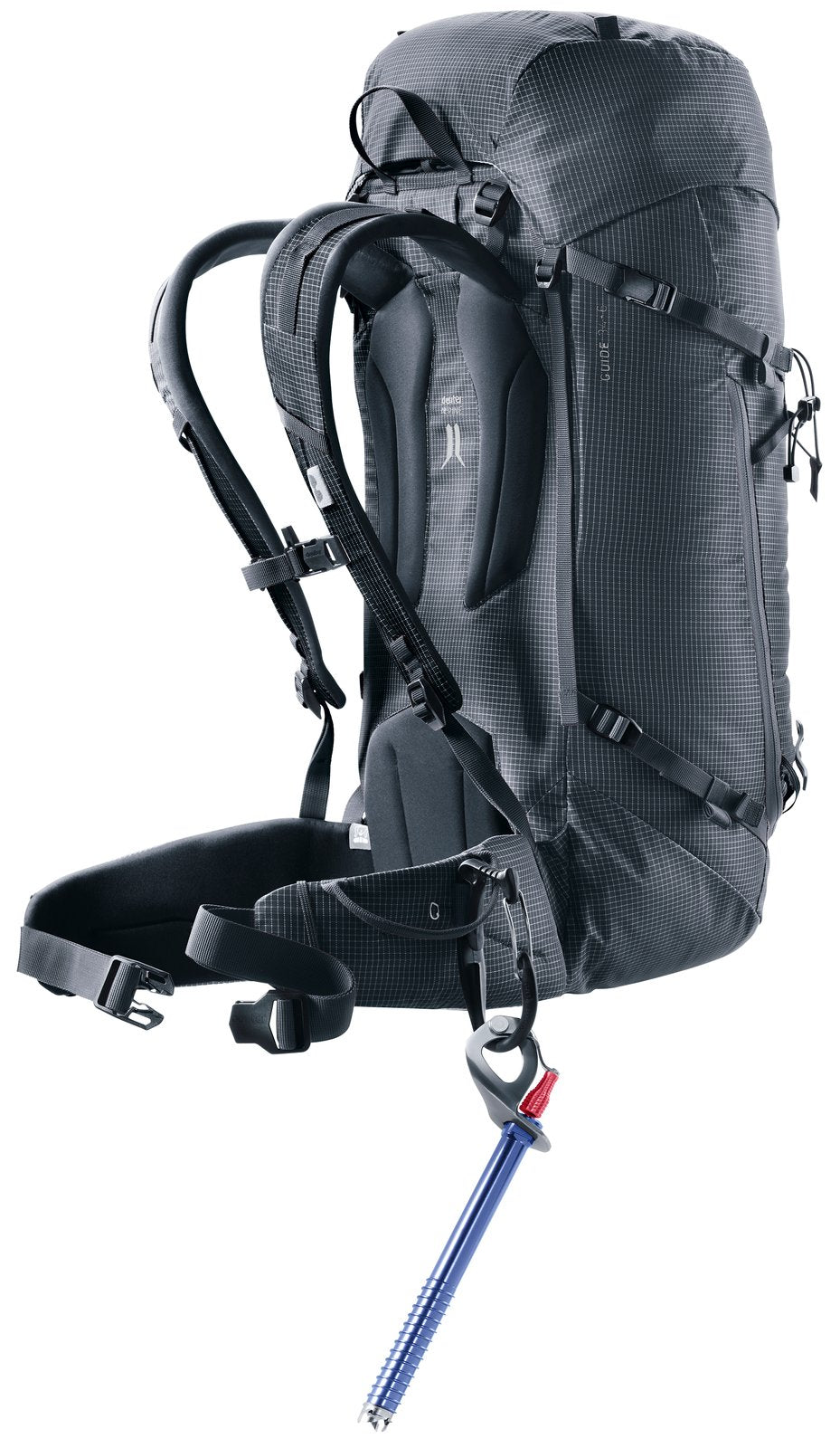 Deuter Guide 34+6 with an ice screw clipped to the hip fin ice clipper slot