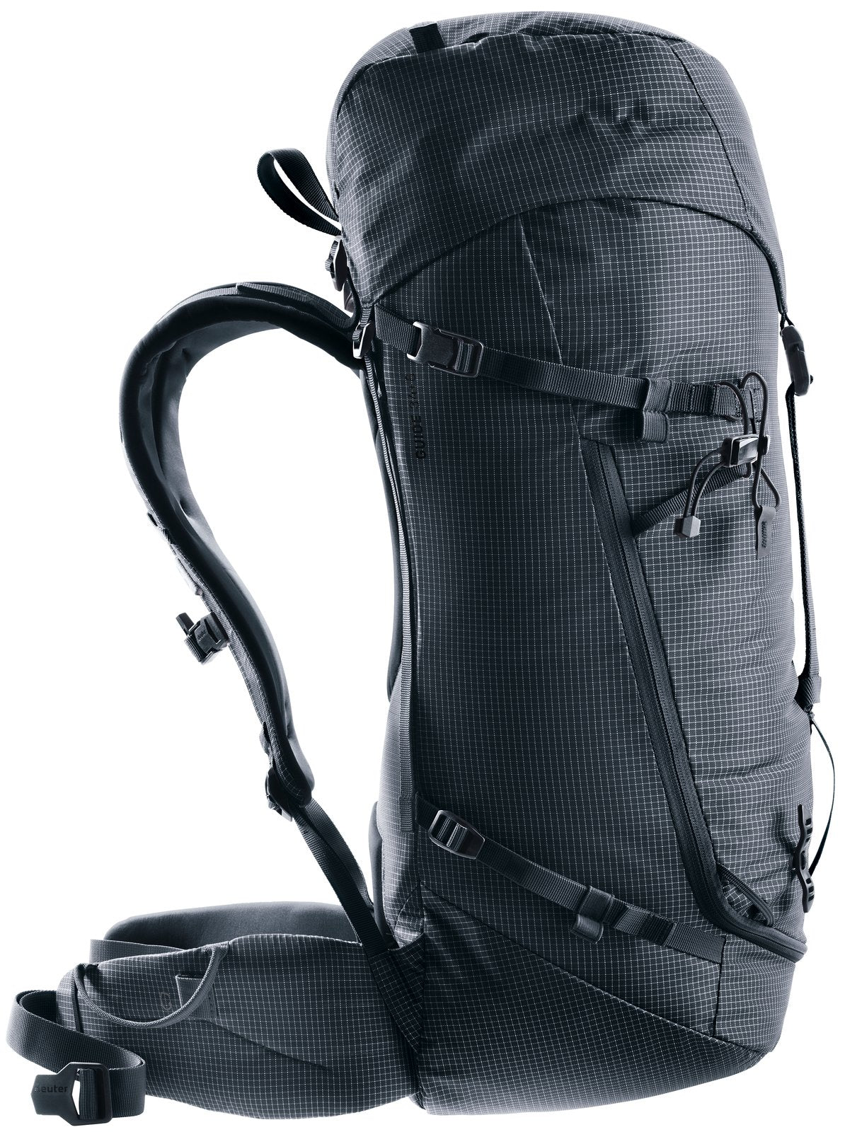 Deuter Guide 34+6 side profile with compression straps and ski attachment