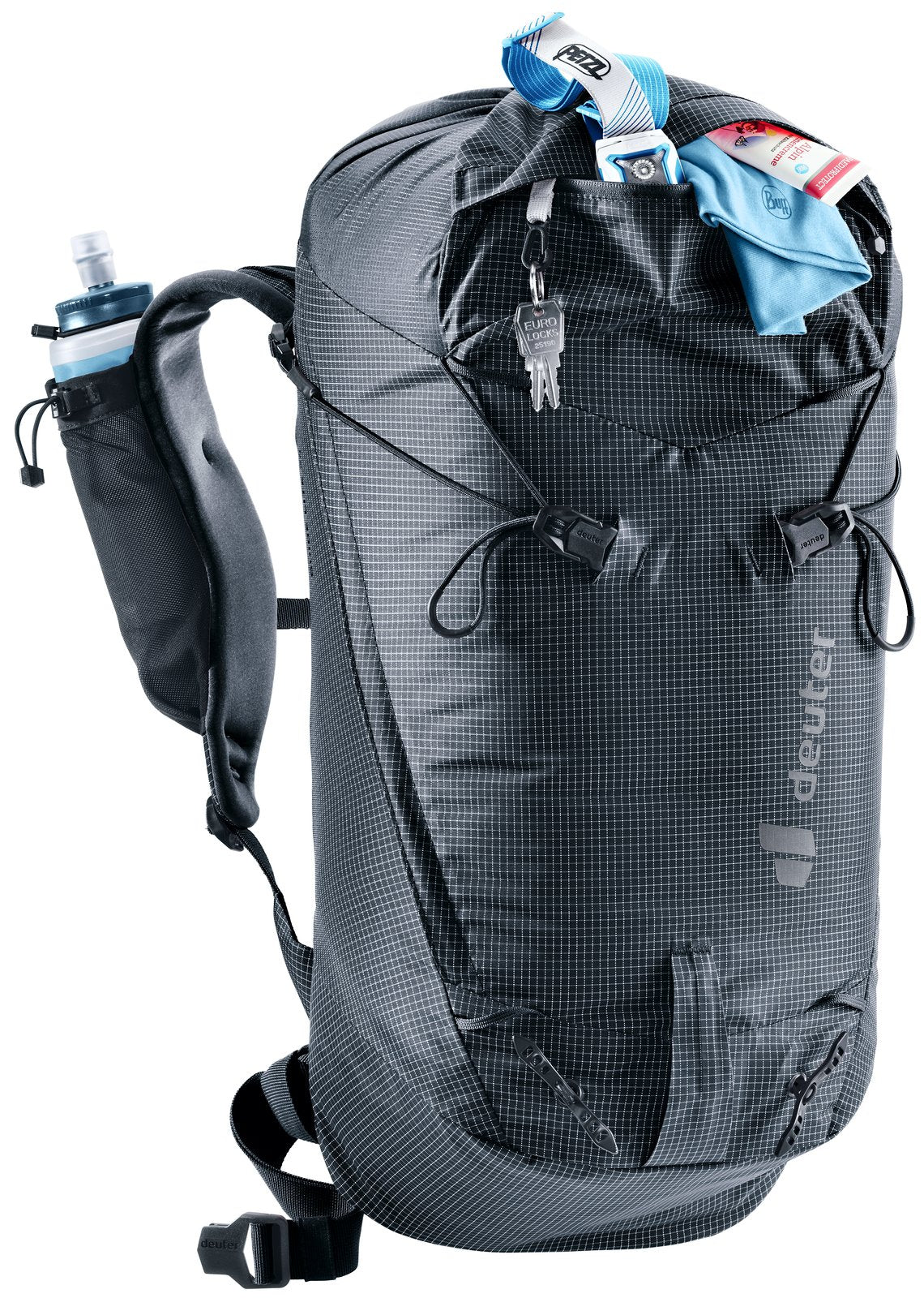 Deuter Guide Lite 24 with the drawcord top open and gear packed inside