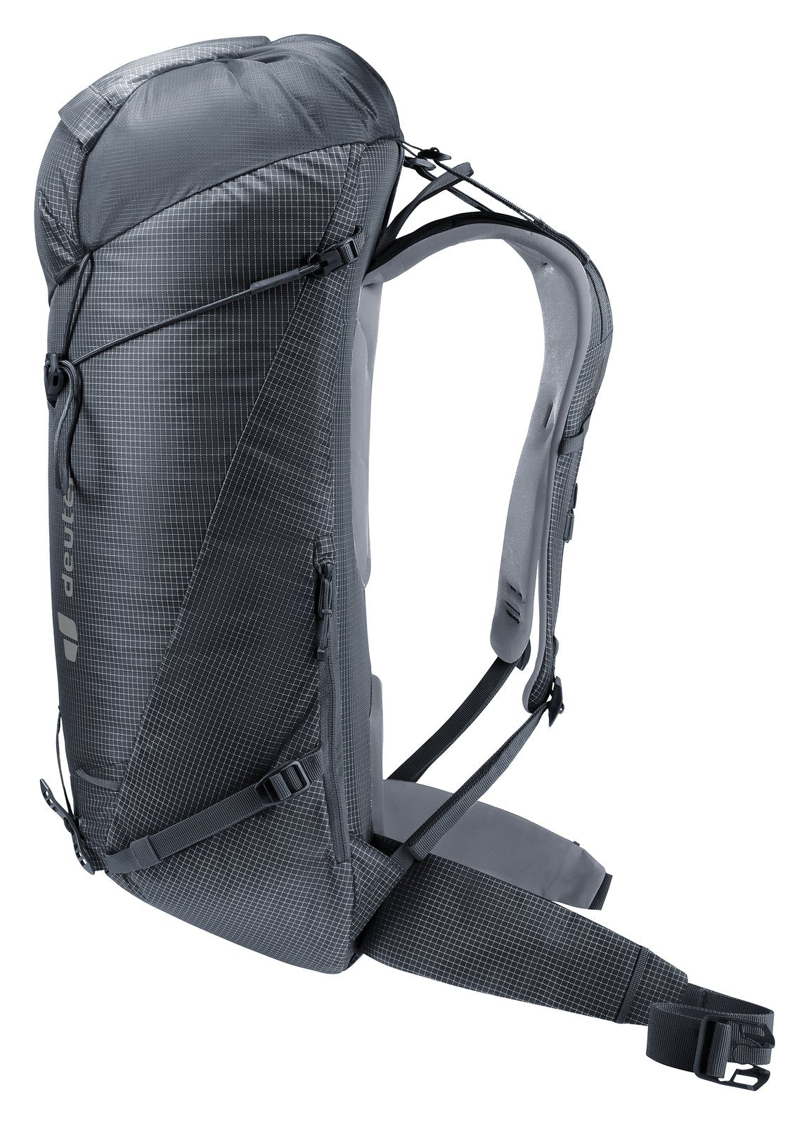 Deuter Guide Lite 30 side view showing the slim profile and hip fin
