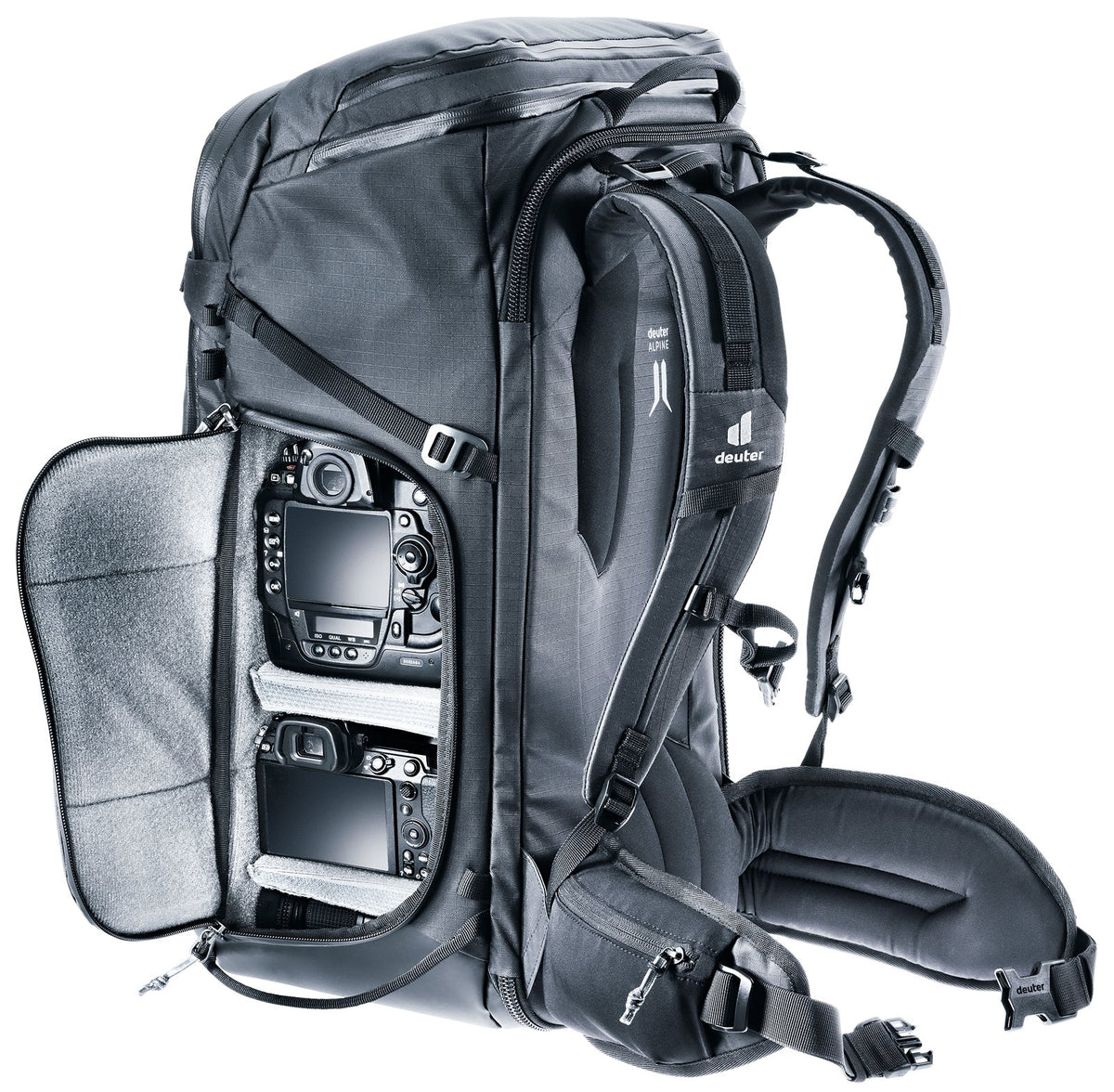 Deuter Jaypack Pro 34+14 side zip open showing a camera body inside the padded insert