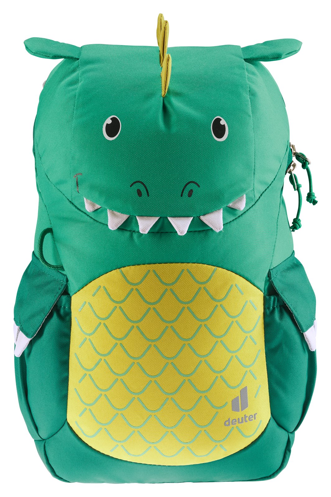 Deuter Kikki in Fern Alpinegreen, straight-on front view of the dragon face