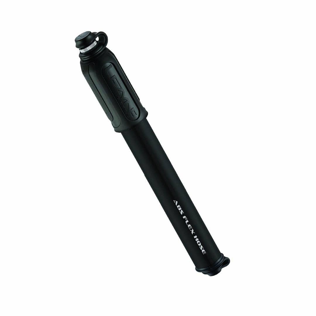 Lezyne HP Drive Medium mini pump in satin black, ABS Flex Hose printed along the aluminium barrel