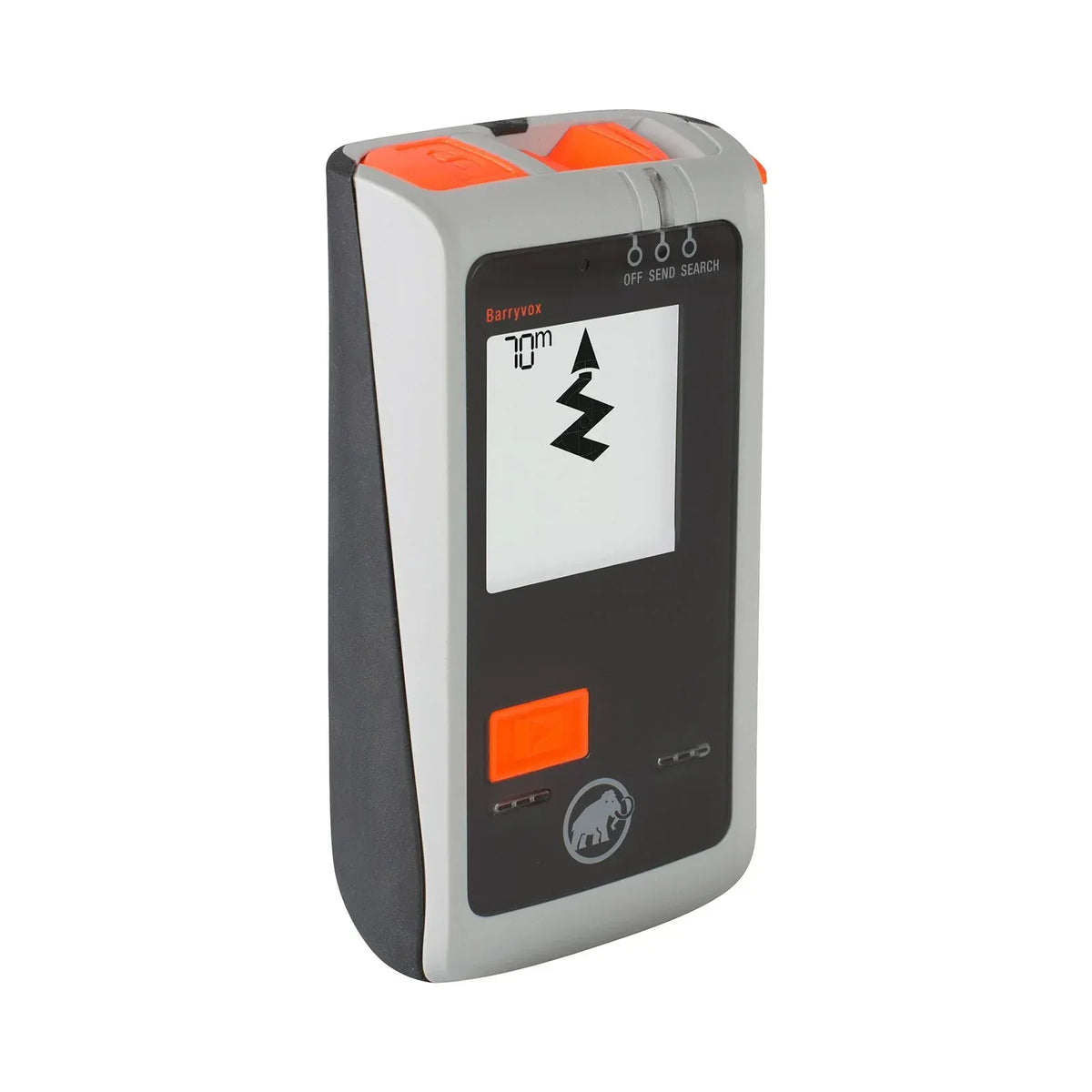 Mammut Barryvox avalanche beacon angled view, display showing a direction arrow and distance in search mode
