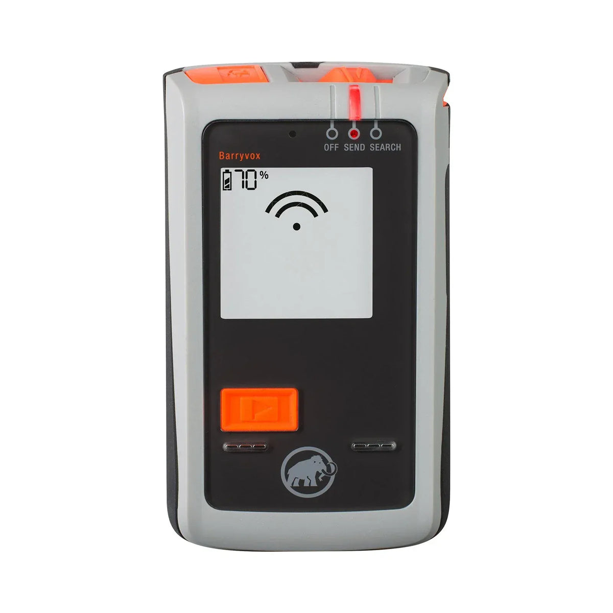 Mammut Barryvox avalanche beacon front view, grey and black housing with orange button and lit SEND indicator