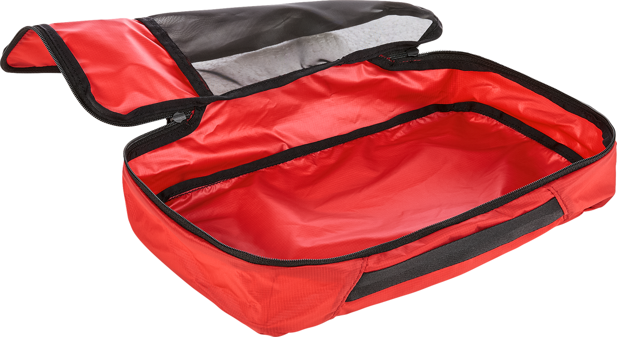Deuter Mesh Zip Pack 3 in Cherry opened fully on its zip-around closure, empty