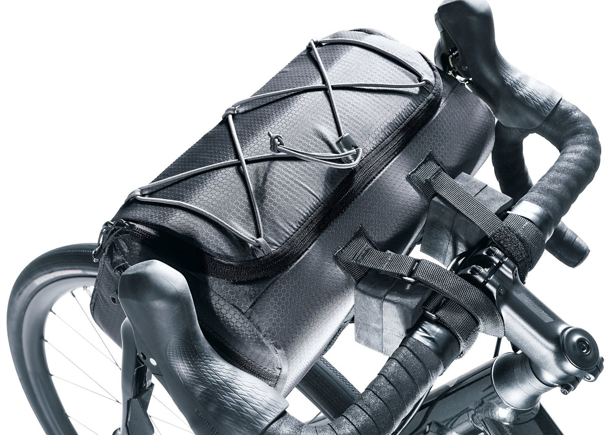 Close-up of the Deuter Mondego HB 8 strapped to drop handlebars with its hook-and-loop straps
