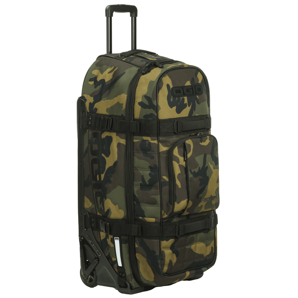 OGIO Rig 9800 Pro in Woody camo, three-quarter view showing front pockets and wheels