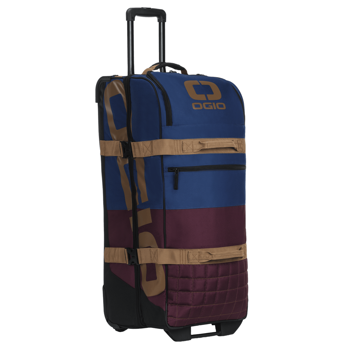 OGIO Trucker in Burgundy/Navy from the front left, front zip pocket and tan grab straps