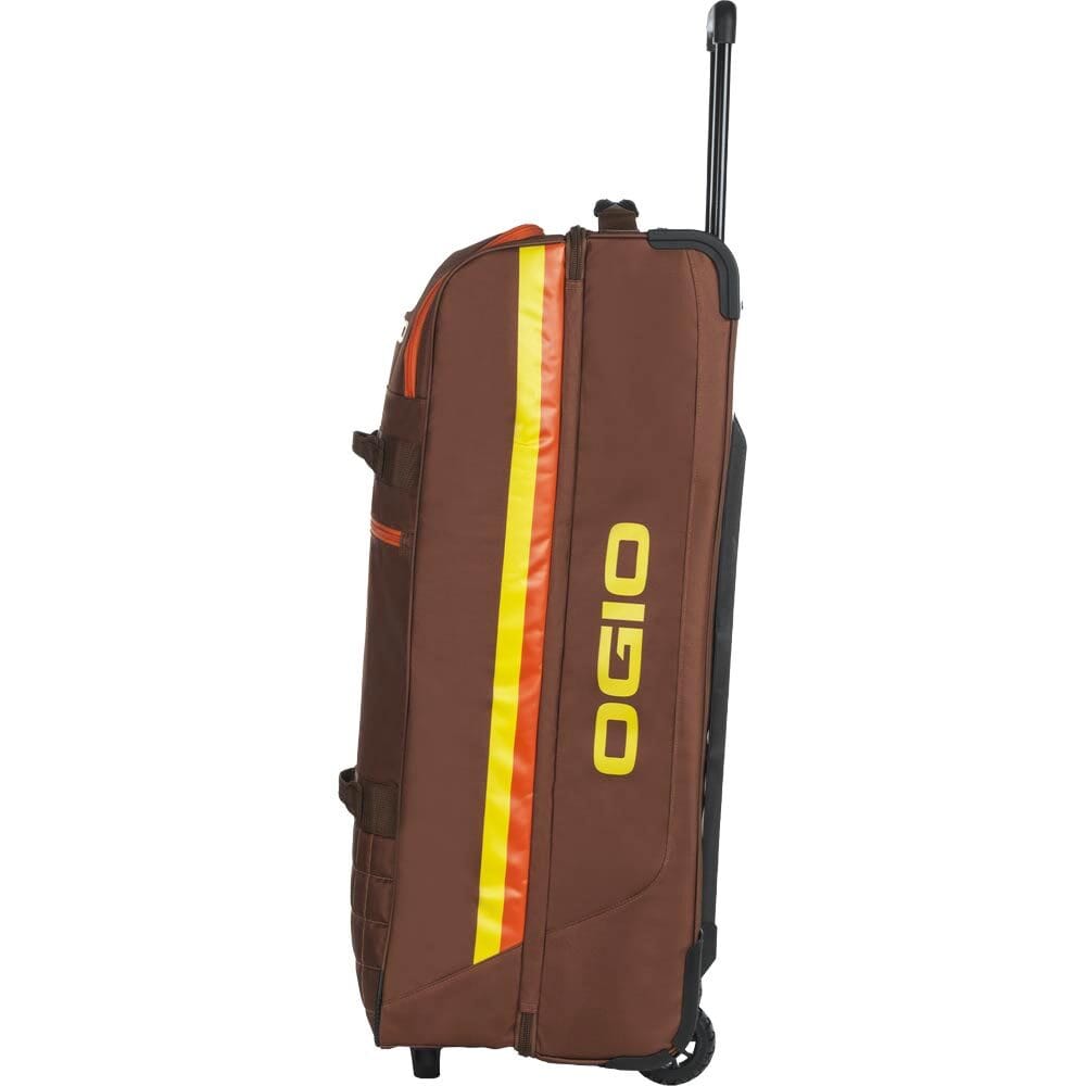 OGIO Trucker Gear Bag in Stay Classy, side view with yellow and orange stripe and OGIO logo