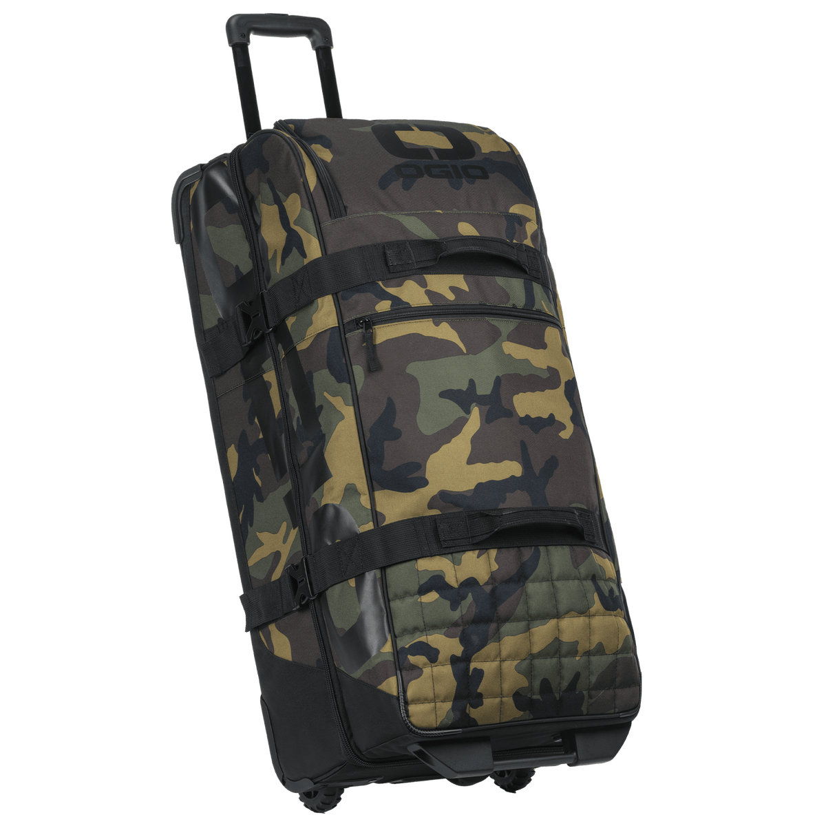 OGIO Trucker Gear Bag in Woody camo, three-quarter view with handle raised