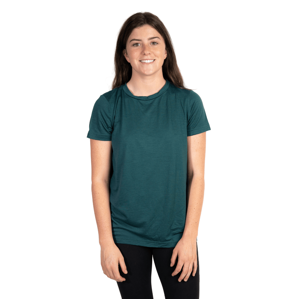 Front shot of Ottie Merino women's Otway Fern short sleeve merino wool t-shirt on 166cm model who is wearing a size small