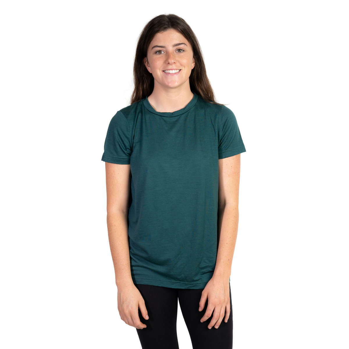 Front shot of Ottie Merino women's Otway Fern short sleeve merino wool t-shirt on 166cm model who is wearing a size small